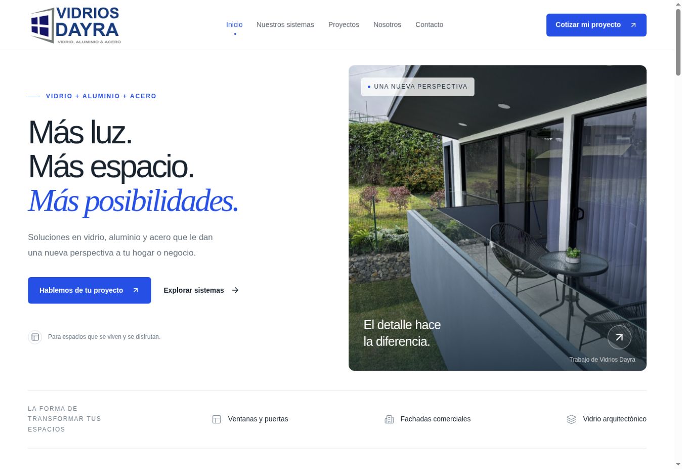 Portada del sitio de Vidrios Dayra